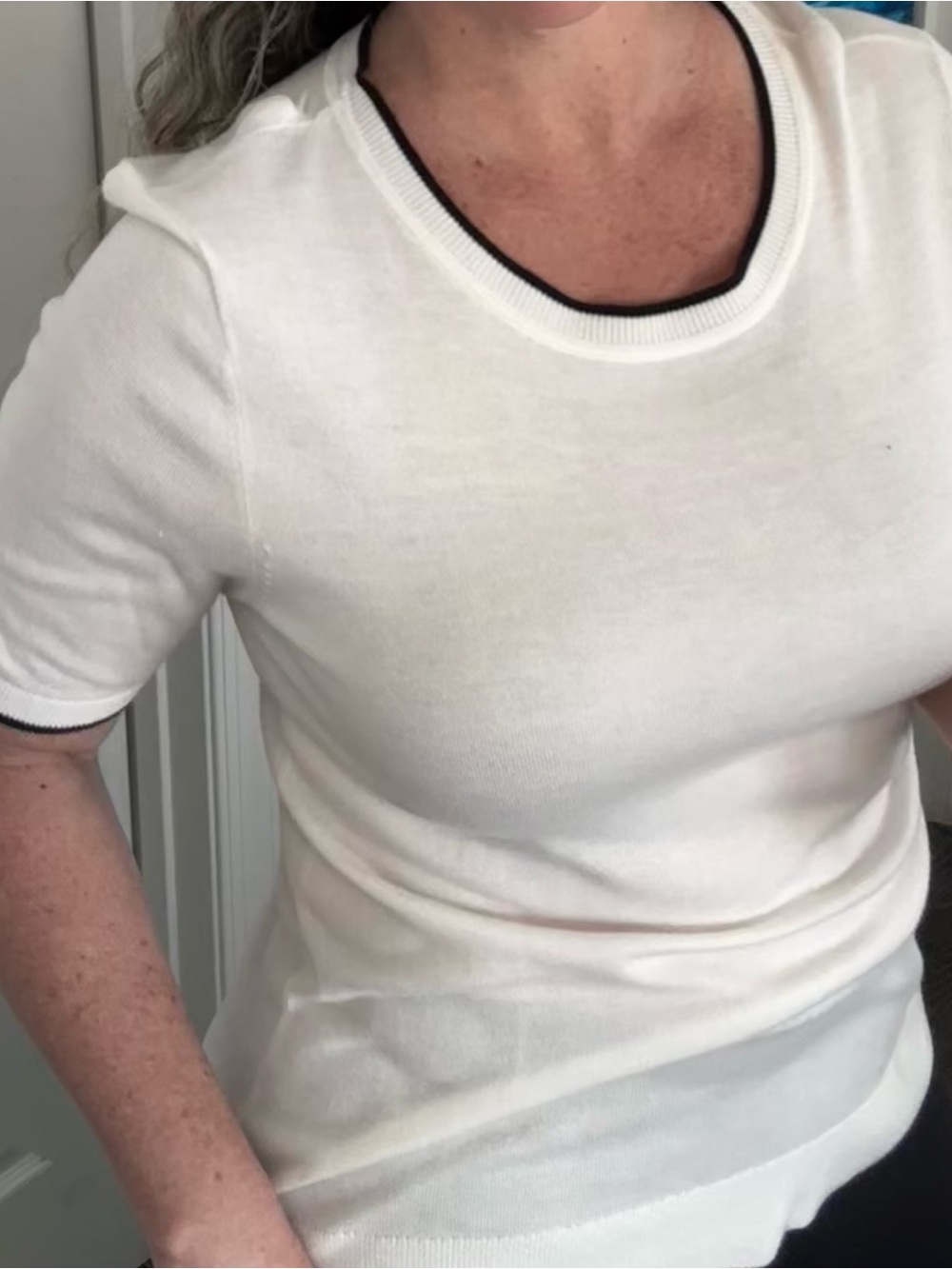 Ann Taylor Factory White Short Sleeve Knit Top with Black Trim